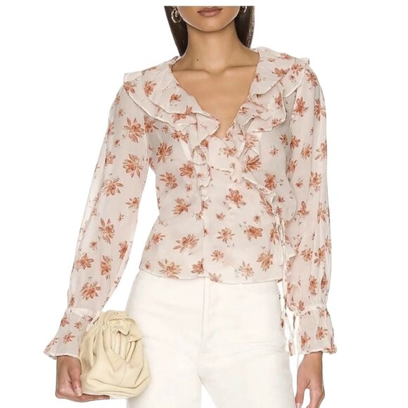 Free People Amanda Ruffle Wrap Top Medium Floral Womens Long Sleeve Boho Chic - Picture 13 of 13
